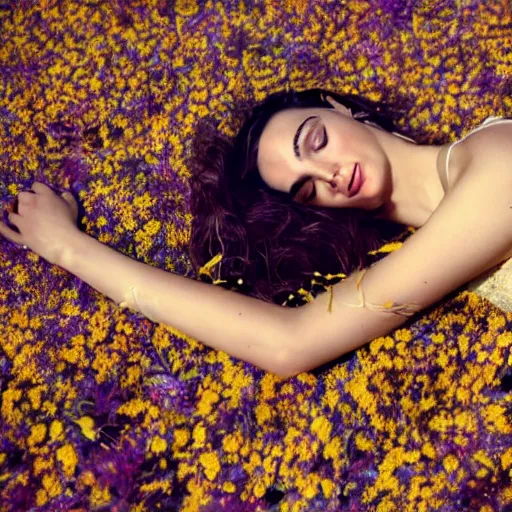 Image similar to fine art photo of the beauty gal gadot, she is lying down and covered by dried flowers, taken by oleg oprisco