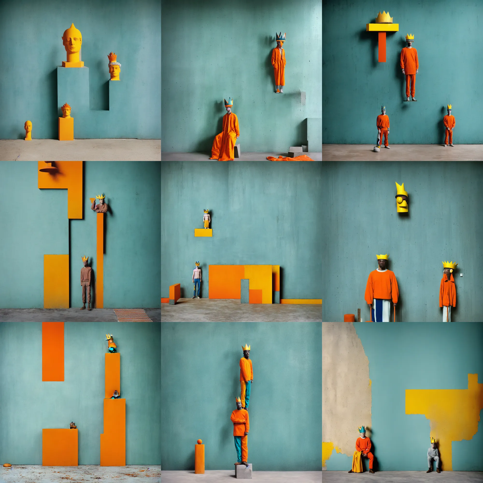 Image similar to kodak portra 4 0 0, 8 k, shot of a highly detailed, britt marling style, colour still - life portrait of a large minimalistic room, rough concrete walls, a single rough carved wooden teal and orange striped coloured statue is standing on a concrete podest with a yellow crown on his head, muted colours