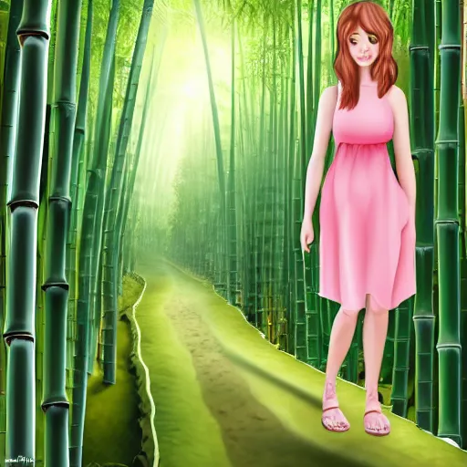 Image similar to A giantess with a beautiful face,green eyes,cute nose and pink lips, wearing a sundress and sandals, walking in a bamboo forest ,detailed body and eyes,proper anatomy, bamboo forest in the background, beautiful lighting,,digital art , highly detailed , high contrast, beautiful lighting, award winning , trending on art station, 8k, photo realistic,unreal engine 5