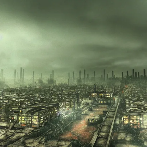 Prompt: view out of a window, fallout city and radioactive rain, with a oppressive mood and fog in uneasy colors