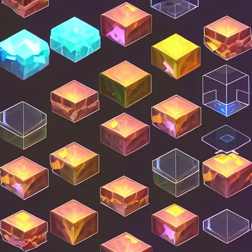 Prompt: [ [ isometric ] ], spritesheet, game asset, polygon, [ [ [ crystal ] ] ] [ [ [ skull ] ] ], transparent, refractive, vector art, hearthstone, league of legends, dofus, overwatch, excessively - dimensional, refractive, fluorite, chromatic aberration