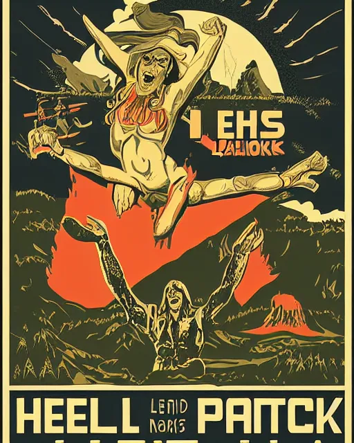 Prompt: 1 9 7 0 s national parks poster for hell, poster design, 4 k, heavy metal art style, muscular lucifer