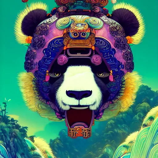 Image similar to a beautiful hyperdetailed character design 4 k wallpaper illustration of a cute panda with a chinese lion dance head victo ngai cyberpunk style, from china, style of studio ghibli, makoto shinkai, raphael lacoste, louis comfort tiffany, artgerm, james jean, ross tran, chinese style