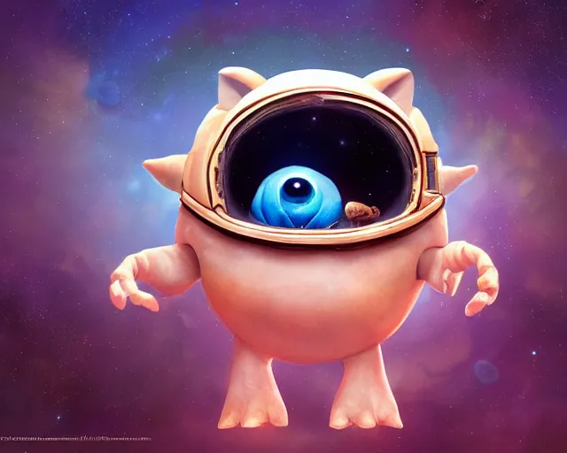 Image similar to 3D Fantasy Cute and adorable small alien piggy in space, huge adorable eyes, bright stars, Smooth 3D Illustration, soft render, Servando Lupini, Daniil Kudriavtsev, handpaint texture, Blender, 3DCoat