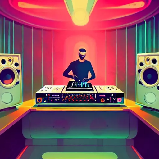 Prompt: a dj creating disco music in an underground lab, surrounded by large retro speakers, digital painting, artstation, ristan eaton, victo ngai, artgerm, rhads, ross draws, anime styled, hd, 4 k