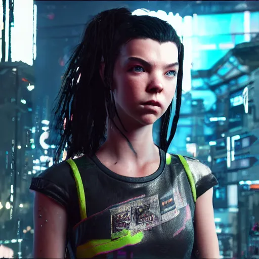 Image similar to Anya Taylor-Joy I'm cyberpunk 2077 unreal engine 5 4k volumetric lighting hyperdetailed photorealism HDR