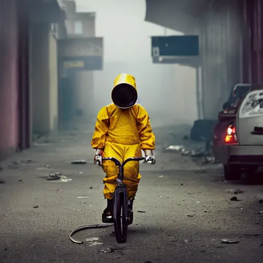 Prompt: a photo of a boy wearing a hazmat suit, riding a bike, side-view, smoke in the background, filthy streets, broken cars. Vines growing. Jpeg artifacts. Full-color photo. Color color color color color. Award-winning photo. Samyang/Rokinon Xeen 50mm T1.5