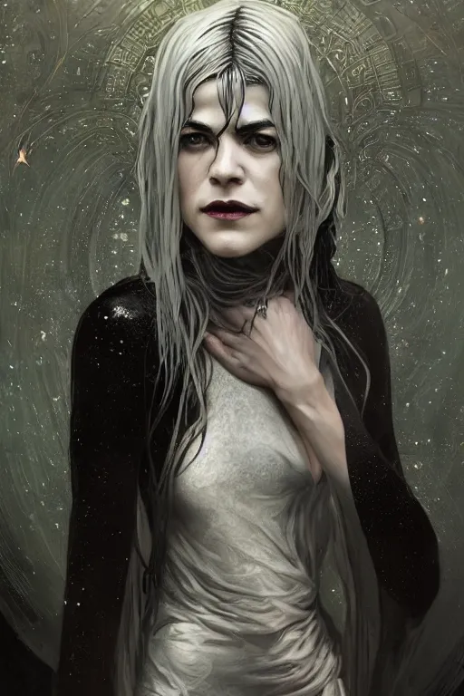 Image similar to portrait of selma blair as death of the endless, the sandman, grey clothes, in persian temple wet night, sci - fi and fantasy, intricate and very very beautiful and elegant, highly detailed, digital painting, artstation, concept art, smooth and sharp focus, illustration, art by tian zi and wlop and alphonse mucha