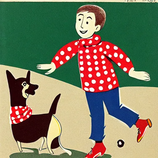 Image similar to book illustration of a french boy on the streets of paris playing football against a corgi, the dog is wearing a polka dot scarf, 1 9 6 6