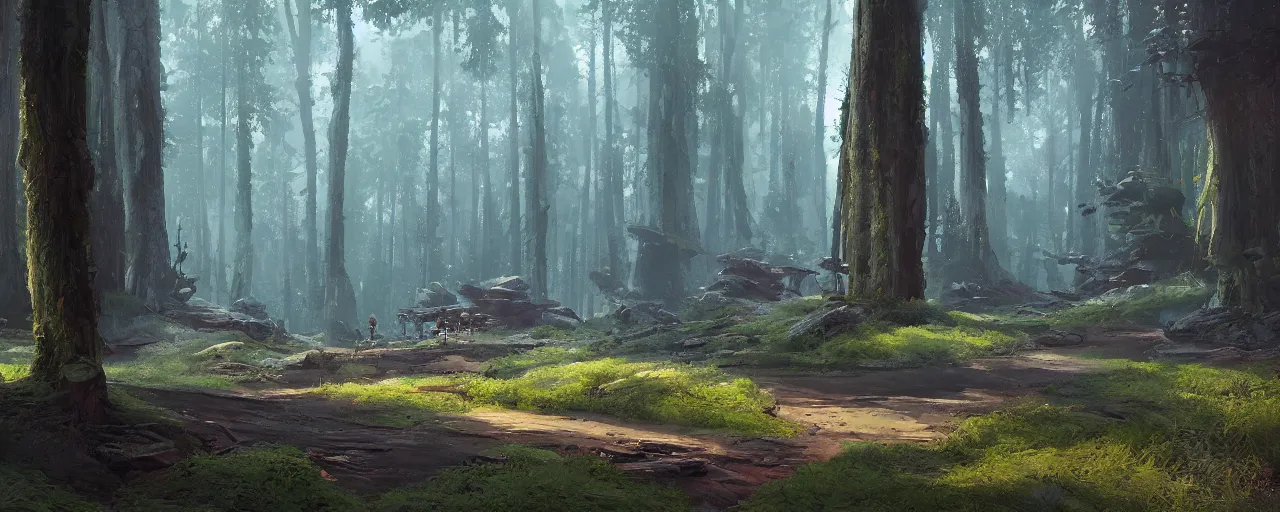 Image similar to the forest landscape from star wars in the artstyle of finnian macmanus, john park and greg rutkowski