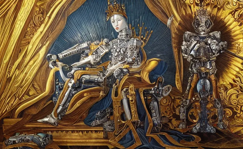 Image similar to beautifully painted mural of a mechanical cyborg king in ornate royal metallic fabric sitting in his royal throne room, piercing glowing eyes, sci fi scenery, fantasy setting, mural in the style of sandro botticelli, caravaggio, albrecth durer