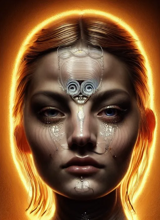 Prompt: a highly detailed photo of very intricate female face full - length portrait, futurism, rococo cyber tattoos lighting, detailed futuristic fibonacci jewelry, profile posing, hyper photorealistic, crispy quality, digital photography, trending in pinterest, cinematic, 4 k ultra hd, art by pascal blanche, art by greg rutkowski, art by artgerm,