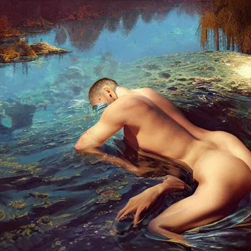 Prompt: high angle picture of an elegant, fully - clothed man relaxing in crystal waters, vivid caustics, extremely beautiful and aesthetic and detailed, with familiar sprites, chiaroscuro, intricate, masterpiece, fantasy illustrations by ilya kuvshinov and jeremy lipking and quentin mabille