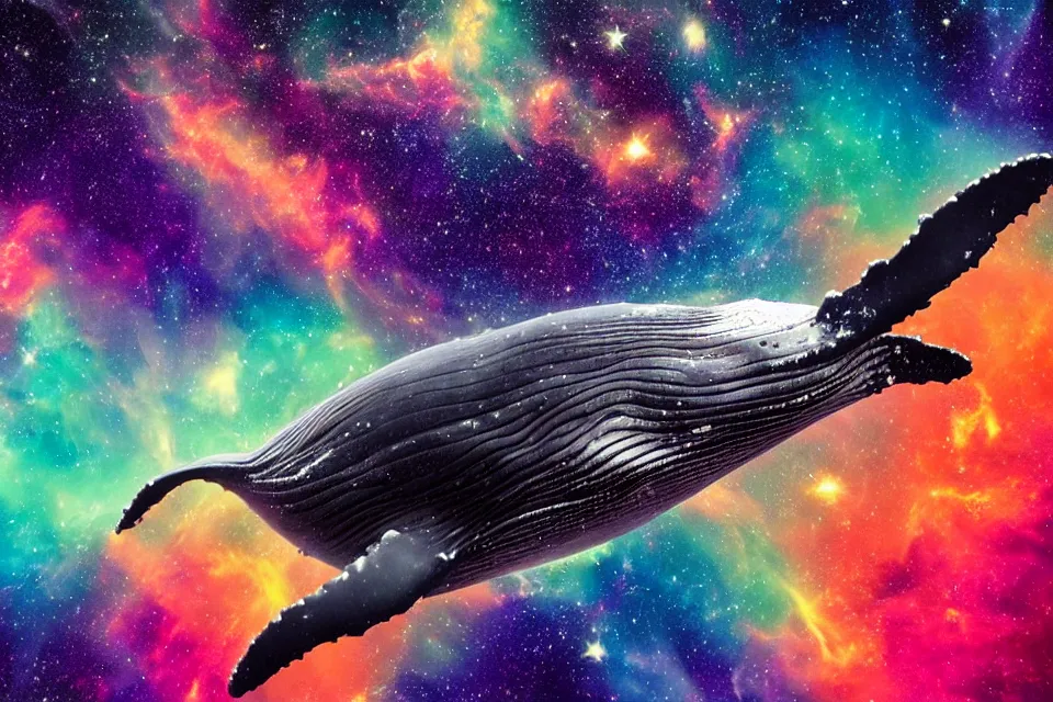 Image similar to a beautiful humpback whale swimming through a colorful nebula in space