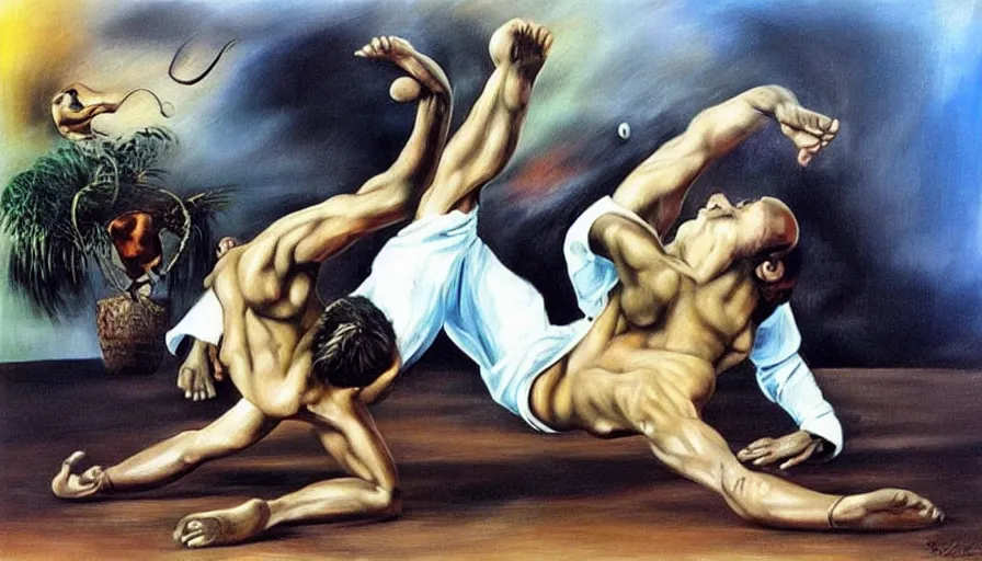 Prompt: capoeira, hyper realistic painting by salvador dali