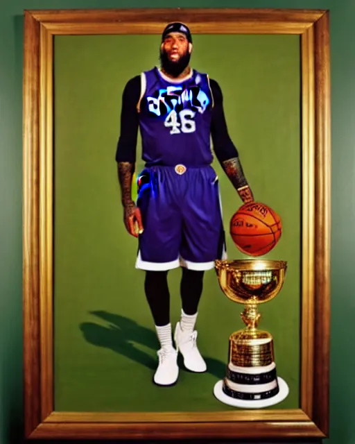 Image similar to portrait of demarcus cousins in boston celtics jersey, holding the larry o'brien trophy, oil on canvas by william sidney mount, champion, inspiring