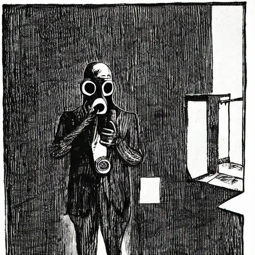 Prompt: A man wearing a suit and a gas mask standing in a white room, illustration, etching, in the style of Otto Dix, great quality