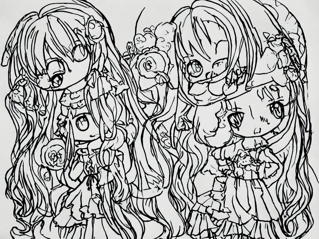 Image similar to color pen plotter outline drawing of a cute fumo plush girl, cursed enigmatic gothic maiden