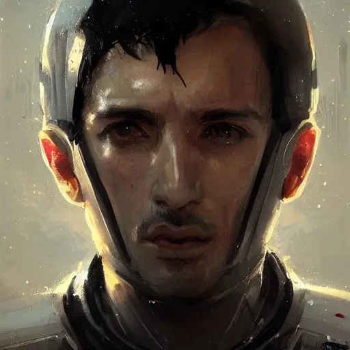 Prompt: portrait of a man by greg rutkowski, he is about 3 0 years old, short black hair with bangs, expression of fear and bewilderment, very tall and slender, he is wearing futuristic space gear, highly detailed portrait, digital painting, artstation, concept art, smooth, sharp foccus ilustration, artstation hq