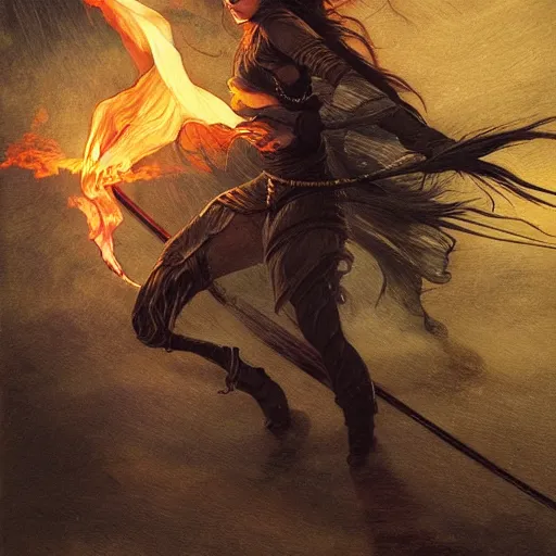 Image similar to a detailed tarot card of a female ninja holding a flaming katana, ominous nighttime storm, fantasy, d & d, intricate, elegant, highly detailed, digital painting, artstation, concept art, matte, sharp focus, illustration, art by john collier and albert aublet and krenz cushart and artem demura and alphonse mucha