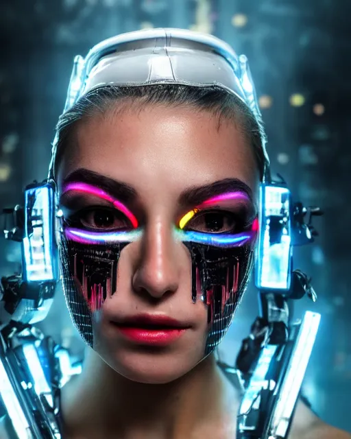 Prompt: portrait photo of female dancer as a cyberpunk mecha humanoid robotic head shoulder parts with straight bright led lights, under a waterfall, ultra - realistic and detailed, 8 k