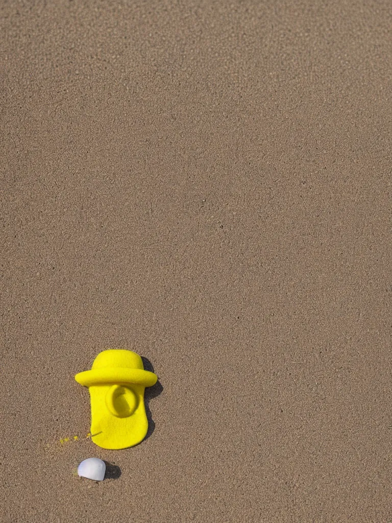 Prompt: an add campain for a yellow freezbee in the shape of a hat, taking place on the beach, closeup shot with depth of field, high quality promotional picture