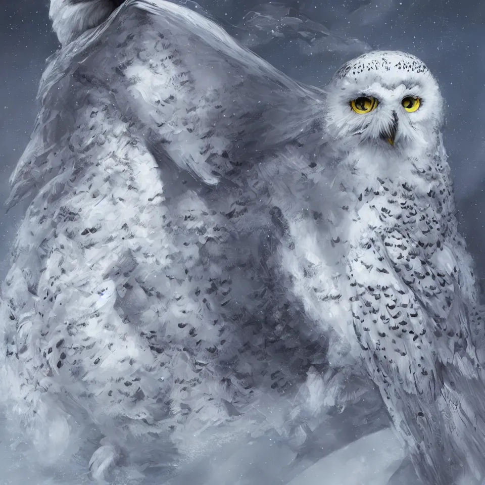 Image similar to painting of beautiful snowy owl, fantasy, hyperdetailed, intricate, by charlie bowater and alena aenemi, studio ghibli, 8k, octane render, trending on artstation