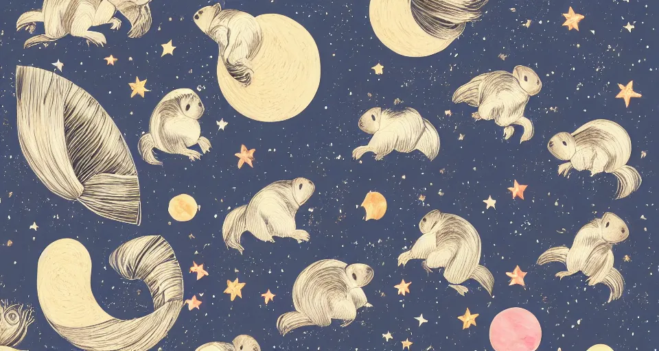 Image similar to back view of many baby guineapigs on the cover of vogue magazine flying in space suits, deep dark universe, twinkling and spiral nubela, warmhole, beautiful stars, 4 k, 8 k, by hokusai, samurai man vagabond, detailed, editorial illustration, matte print, concept art, ink style, sketch, digital 2 d