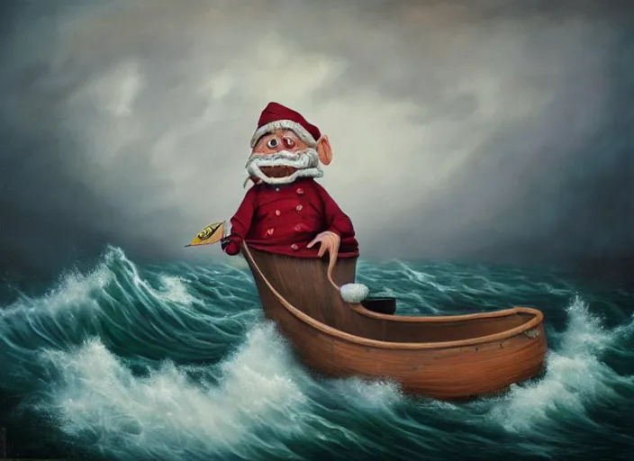 Image similar to a terrified garden gnome sailing in a bucket, background of raging ocean on a stormy with dramatic clouds, an ultrafine detailed painting by mark ryden, trending on deviantart, pop surrealism, whimsical, lowbrow, danger, perfect symmetrical face