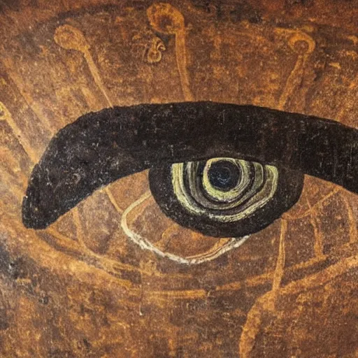 Prompt: an ancient cave painting of a giant eye floating above a crowd of people