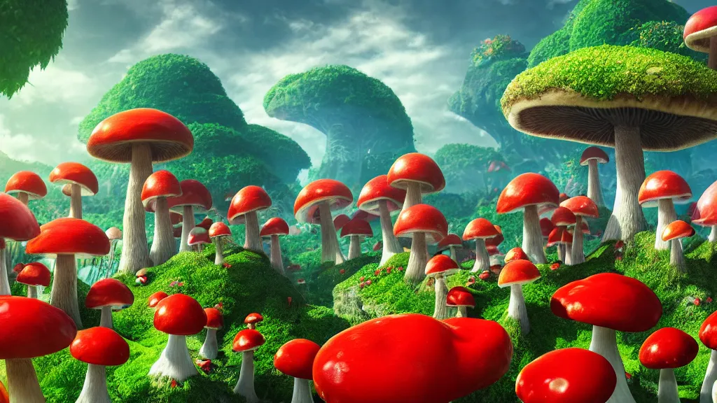 Image similar to archipelago in the mushroom kingdom, red and white spotted giant mushrooms, exotic flora, giant roses, thousands of flowers, fantasy artwork, very very very beautiful scenery, hd, hdr, ue 5, ue 6, unreal engine 5, cinematic 4 k wallpaper, 8 k, ultra detailed, high resolution, artstation, award winning