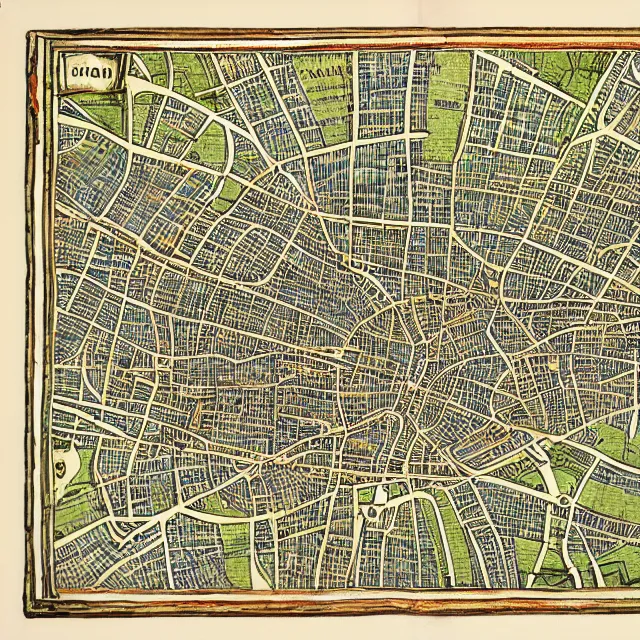 Prompt: medieval manuscript isometric map of london, detailed, illuminated illustration woodcut