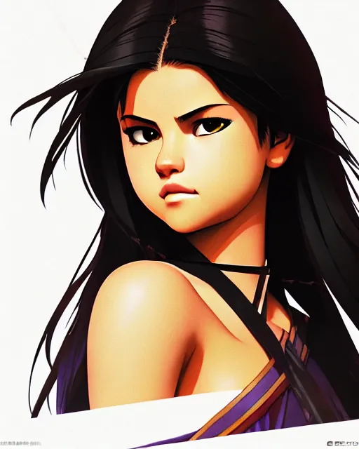 Image similar to selena gomez as an azctec warrior, detailed perfect face, exquisite details, fire magic, mid view, design on a white background, by studio muti, greg rutkowski makoto shinkai takashi takeuchi studio ghibli