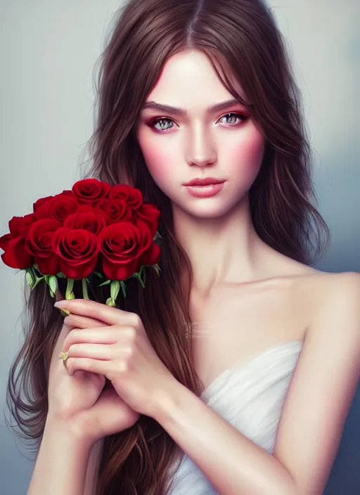 Image similar to a gorgeous female photo, professionally retouched, soft lighting, holding a bouquet of roses, realistic, smooth face, perfect eyes, wide angle, sharp focus on eyes, 8 k high definition, insanely detailed, intricate, elegant, art by artgerm and wlop