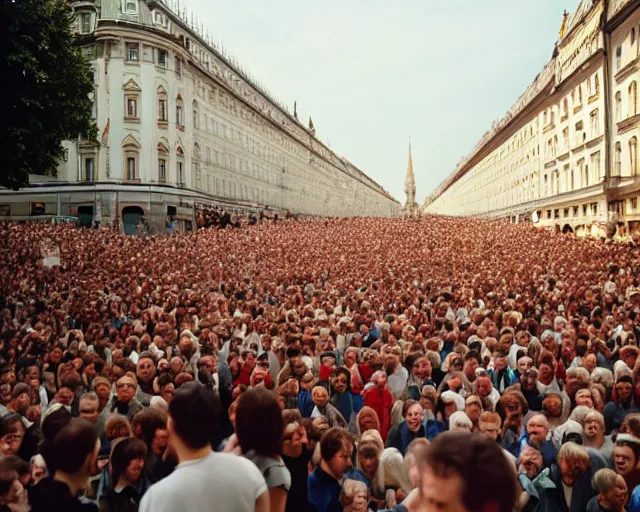 Image similar to crowd rally against a large leg in vienna, shot on kodak portra 4 0 0 3 5 mm film