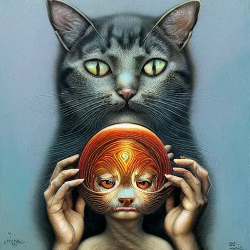 Image similar to a cat having an ego trip, by alex grey, by Esao Andrews and Karol Bak and Zdzislaw Beksinski and Zdzisław Beksiński, trending on ArtStation