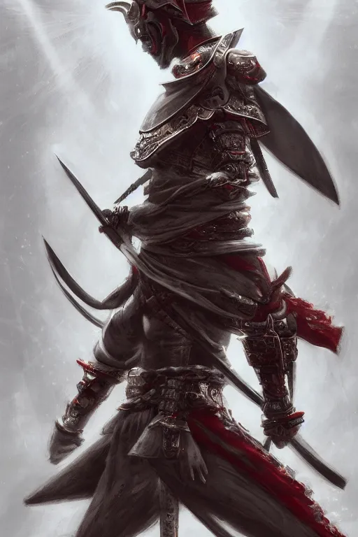 Prompt: a photographic portrait of a powerful samurai cloaked in white, carrying swords on his back, standing under a beam of light, a dark cave, ruby red sorrow, intricate, elegant, highly detailed, ornate, beautifully lit, ray traced, octane render, in the style of Peter Mohrbacher and Peter Gric