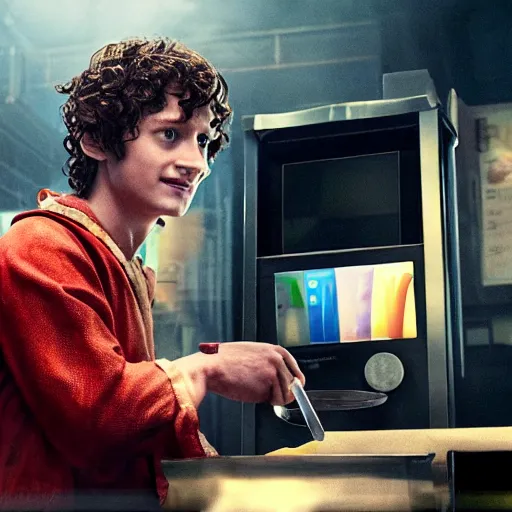 Prompt: film still of frodo working at mcdonalds in the new batman movie, high detail shot, smoking, render, cgsociety, photorealism