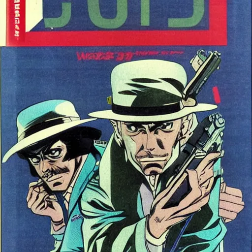 Image similar to 1979 OMNI Magazine Cover bank robbers, Bank Robbery Movie, Anime, Highly Detailed, Inspired by Golgo 13 + Lupin the 3rd , 8k :4 by Vincent Di Fate + Katsuhiro Otomo : 8