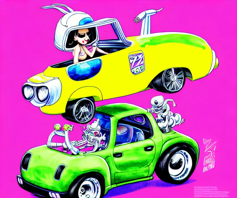 Image similar to cute and funny, lady gaga wearing a helmet riding in a tiny hot rod with an oversized engine, ratfink style by ed roth, centered award winning watercolor pen illustration, isometric illustration by chihiro iwasaki, edited by range murata, tiny details by artgerm and watercolor girl, symmetrically isometrically centered, sharply focused