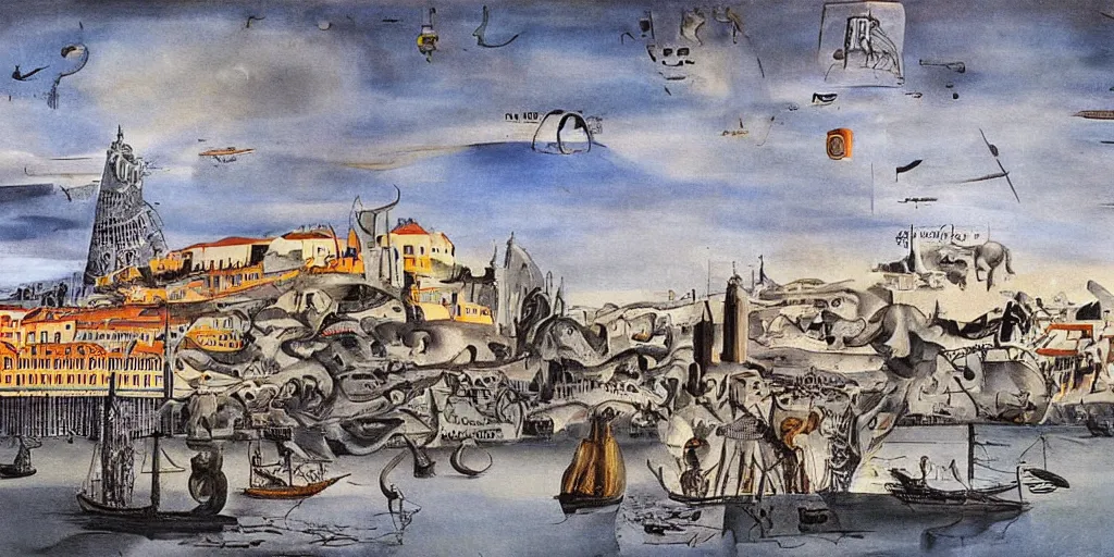 Image similar to future city of lisbon as painting by Dali