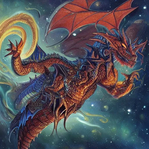 Prompt: A beautiful assemblage of a dragon in space by Justin Gerard. The dragon is in the foreground with its mouth open, revealing rows of sharp teeth. Its body is coiled and ready to strike, and its tail is wrapped around a star in the background. The colors are bright and the background is full of stars and galaxies. The overall effect is one of chaotic energy and movement. lapis lazuli by Mark Rothko, by Naoko Takeuchi dull