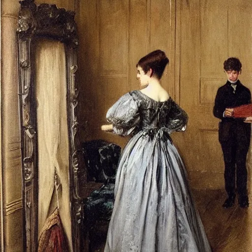 Image similar to young victorian lady shopping for ball gowns, painted by alfred stevens