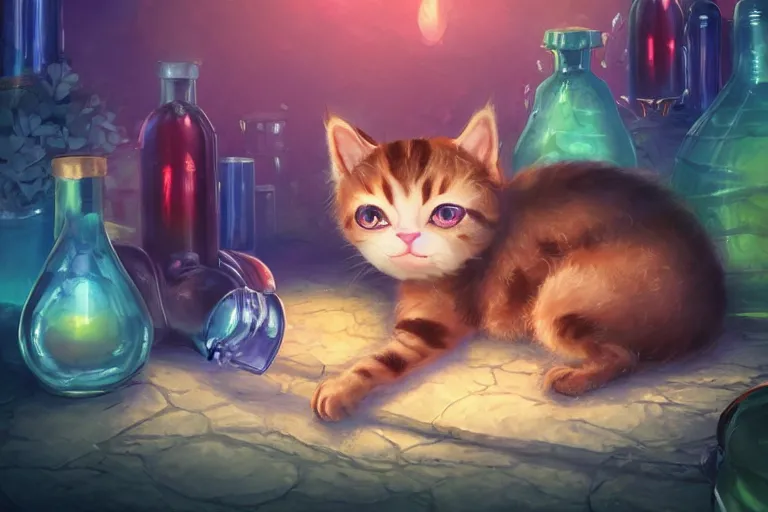 Image similar to adorable kitten curled up asleep amidst potion bottles, 8k resolution matte fantasy painting, warm lighting, bokeh, DeviantArt Artstation, by Lisa Ravenscroft and Ross Tran and Lisa Frank and Tony DiTerlizzi