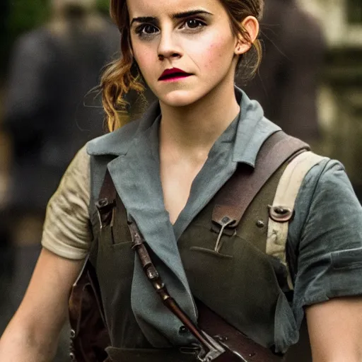 Image similar to Emma Watson in Inglorious Basterds, Movie still, XF IQ4, 50mm, F1.4, studio lighting, professional, 8K, Look at all that detail!