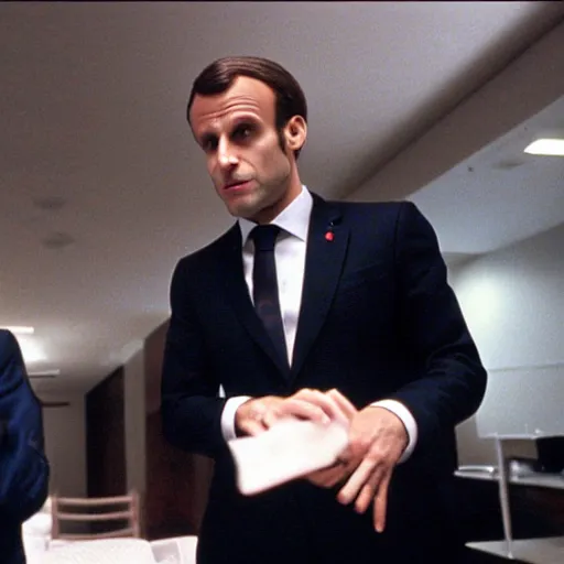 Image similar to Emmanuel Macron doing a hold up in American Psycho (1999)