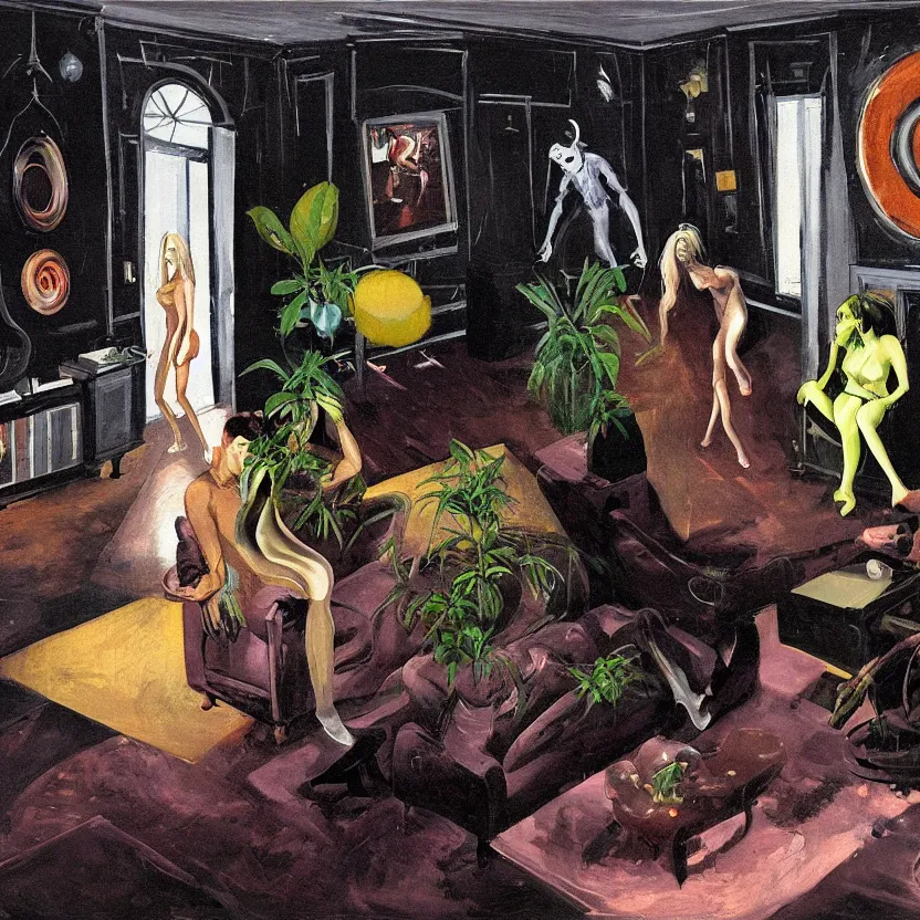 Prompt: Detailed image of a man and woman start to bounce in a living room of a house, floating dark energy surrounds the middle of the room. There is one living room plant to the side of the room, surrounded by a background of dark cyber mystic alchemical transmutation heavenless realm, by francis bacon and Jenny seville, midnight hour, part by adrian ghenie, part by jeffrey smith, part by josan gonzales, part by norman rockwell, part by phil hale, part by kim dorland, artstation, highly detailed