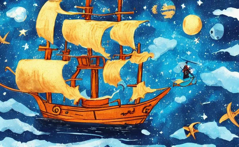 Image similar to pirate ship in space, storybook, gouache, flat, concept art, lush