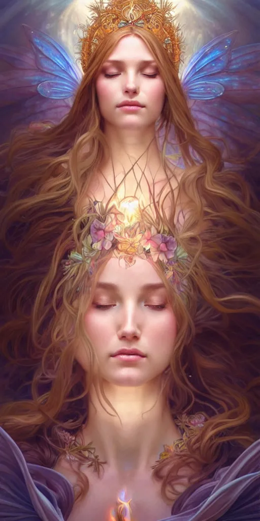 Prompt: fairy queen goddess feminine face meditation!! murky lighting, wind blowing, full body portrait, blessed by nature, physical mental perfection, symmetrical! intricate, sensual, highly detailed, biblical divine holy perfection!! digital painting, artstation, concept art, smooth, sharp focus, by artgerm and greg rutkowski and alphonse mucha