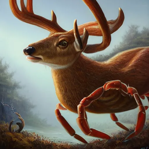 Image similar to deer - crab creature, oil painting by justin gerard, deviantart